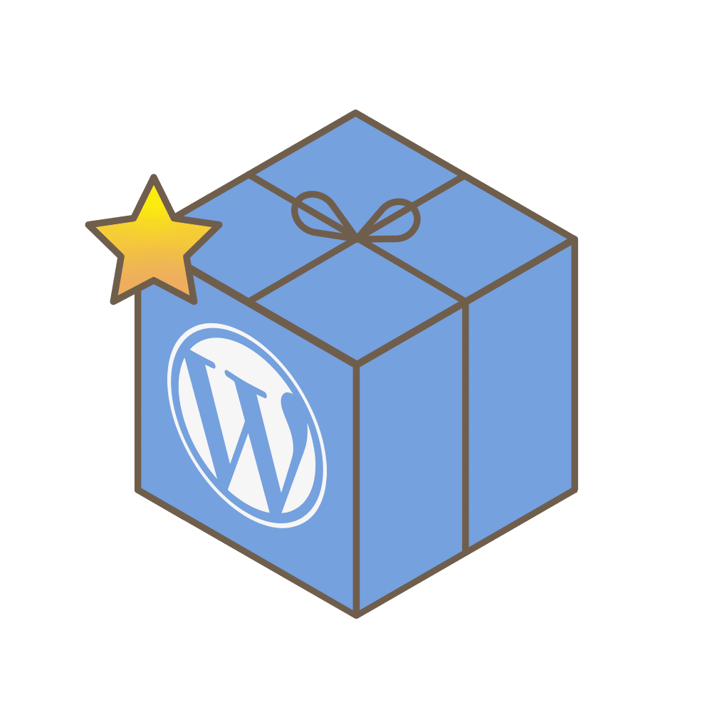 Ein blaues Paket bedruckt mit dem WordPress-Logo und einem Stern