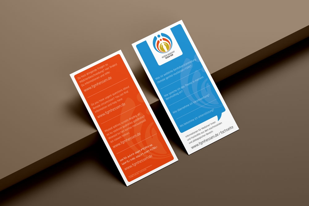 Beidseitige Ansicht eines Flyers für das Projekt "Hessen engagiert gegen FGM"